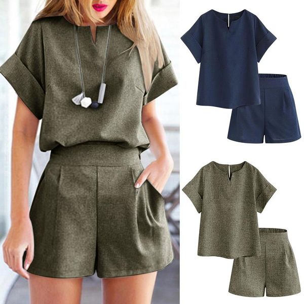 women casual shorts sets v-neck blouse linen two piece set plus size short pants 2 women's tracksuits, Gray