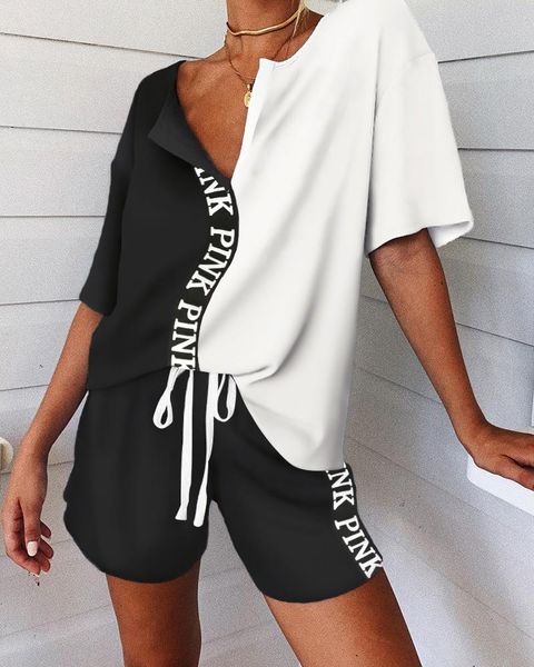 colorblock v-neck short sleeve pajamas set women casual two-piece home loungewear two piece dress, White
colorblock v-neck short sleeve pajamas set women casual two-piece home loungewear two piece dress, White