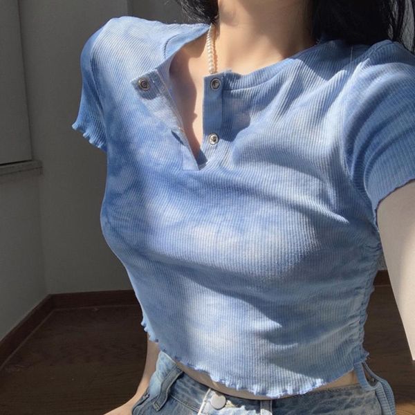 blue tie dye summer t-shirts women knitted buttons ruffles cropped short sleeve casual streetwear lace up drawstring z294 women's t-sh, White
blue tie dye summer t-shirts women knitted buttons ruffles cropped short sleeve casual streetwear lace up drawstring z294 women's t-sh, White