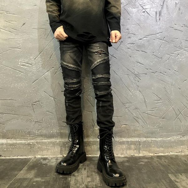 men's jeans american streetwear fashion men slim fit elastic cotton ripped denim punk trousers spliced designer hip hop biker pants e35, Blue
men's jeans american streetwear fashion men slim fit elastic cotton ripped denim punk trousers spliced designer hip hop biker pants e35, Blue