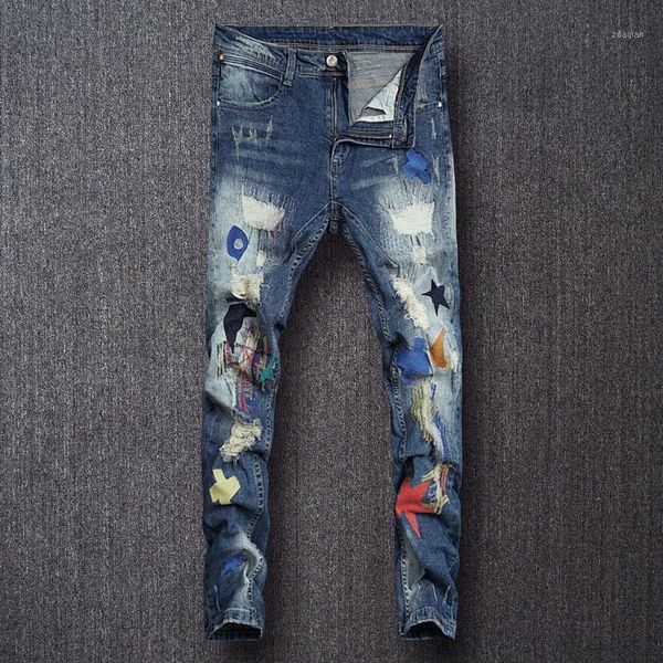 men's jeans european american street fashion men elastic slim fit ripped embroidery patch designer hip hop denim punk pants, Blue
men's jeans european american street fashion men elastic slim fit ripped embroidery patch designer hip hop denim punk pants, Blue