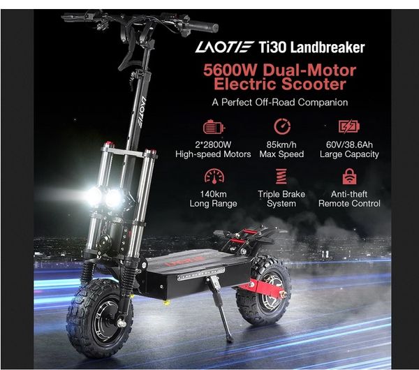 laotie ti30 landbreaker 60v 38.4ah 21700 battery 5600w dual motor foldable electric scooter 85km/h speed 140km mileage 200kg bearing - off r
laotie ti30 landbreaker 60v 38.4ah 21700 battery 5600w dual motor foldable electric scooter 85km/h speed 140km mileage 200kg bearing - off r