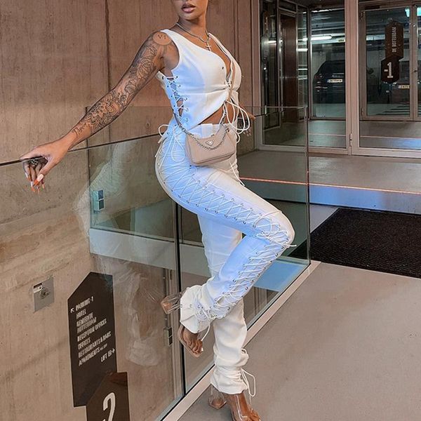 women's two piece pants bodycon outfits for women club wear deep v sleeveless lace up party crop and long matching set, White
women's two piece pants bodycon outfits for women club wear deep v sleeveless lace up party crop and long matching set, White