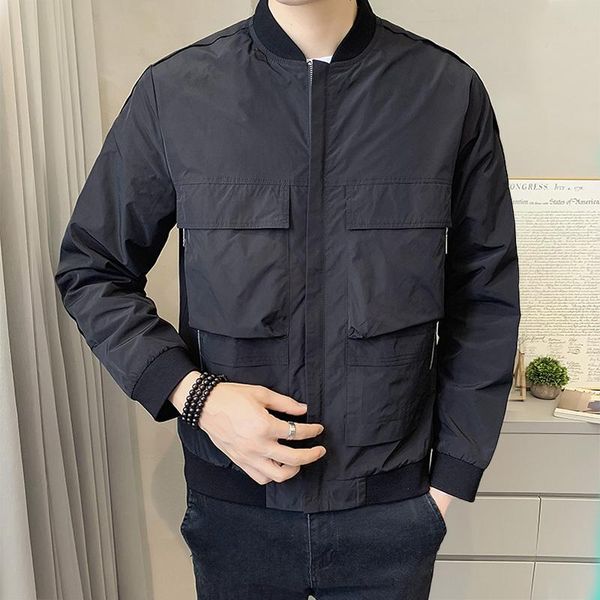 men's jackets autumn jacket long sleeve outerwear casual stand-up collar trend multi-pocket tooling dhort zipper windproof travel coat, Black;brown