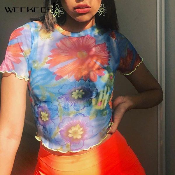 women's t-shirt weekeep floral print streetwear ruffles women short sleeve o neck mesh see through crop summer harajuku vintage, White
women's t-shirt weekeep floral print streetwear ruffles women short sleeve o neck mesh see through crop summer harajuku vintage, White