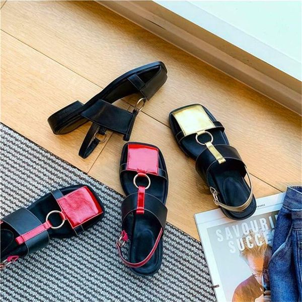 sandals metal round buckle gold color matching square toe women summer leather head t belt hollow flat women's shoes, Black
sandals metal round buckle gold color matching square toe women summer leather head t belt hollow flat women's shoes, Black