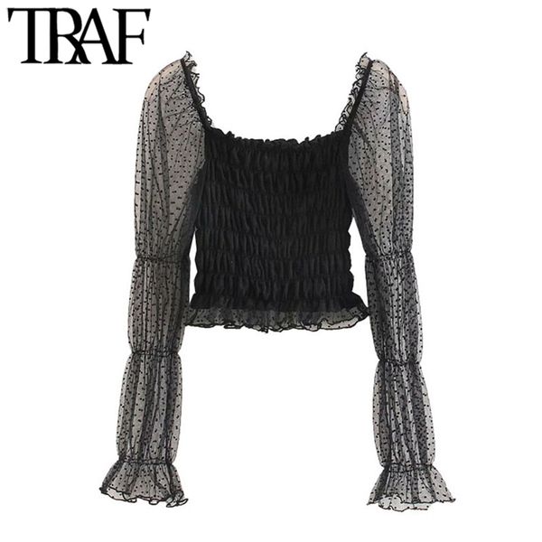 women fashion smocked elastic ruffled cropped blouses vintage see through long sleeve female shirts chic 210507, White
women fashion smocked elastic ruffled cropped blouses vintage see through long sleeve female shirts chic 210507, White