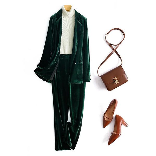 two piece dress gold velvet suit female autumn and winter fashion trend temperament ol small long double breasted, White
two piece dress gold velvet suit female autumn and winter fashion trend temperament ol small long double breasted, White