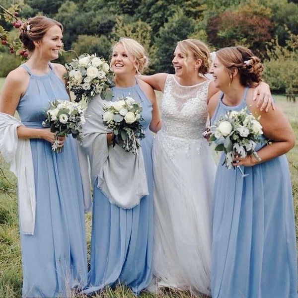 sky blue design long fitted sheath bridemaid dresses halter neck sleeveless chiffon party gown maid of honor dress, White;pink
sky blue design long fitted sheath bridemaid dresses halter neck sleeveless chiffon party gown maid of honor dress, White;pink