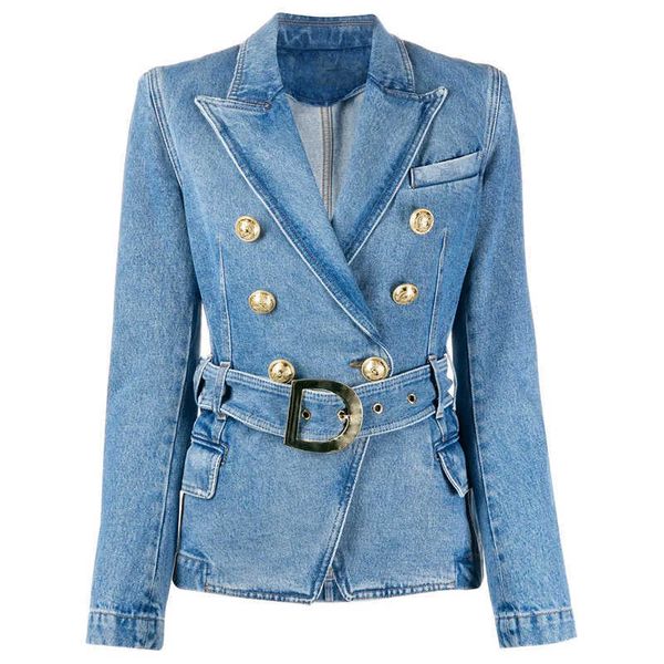 est fashion designer women's double breasted lion buttons belted soft denim blazer jacket 210526, White;black
est fashion designer women's double breasted lion buttons belted soft denim blazer jacket 210526, White;black