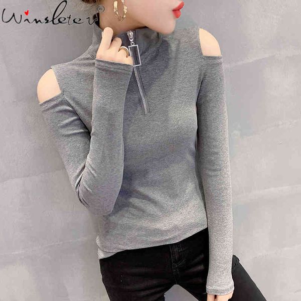 women's t-shirt fall winter korean style women fashion off shoulder zipper cotton ropa mujer all match tees t09304l 9msn, White
women's t-shirt fall winter korean style women fashion off shoulder zipper cotton ropa mujer all match tees t09304l 9msn, White