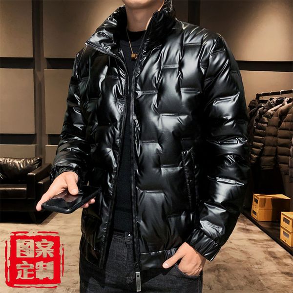 white duck down et autumn and winter new stand collar short korean sports style bright face men's thickened coat, Black 
white duck down et autumn and winter new stand collar short korean sports style bright face men's thickened coat, Black