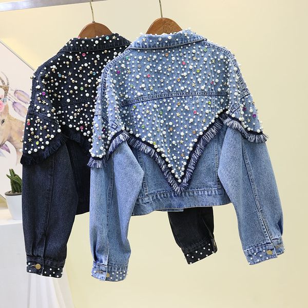 women's jackets pearl beading denim women coat long sleeve tassel vintage casual loose jean bomber basic outwear xmqg, Black;brown
women's jackets pearl beading denim women coat long sleeve tassel vintage casual loose jean bomber basic outwear xmqg, Black;brown