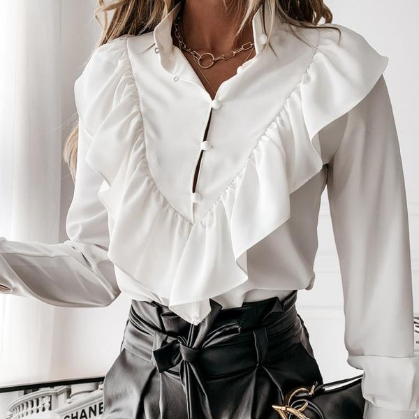 women's blouses & shirts 40# women 2021 summer ruffled stylish plus size v neck long sleeve shirt female casual buttons sweet blusa, White 
women's blouses & shirts 40# women 2021 summer ruffled stylish plus size v neck long sleeve shirt female casual buttons sweet blusa, White