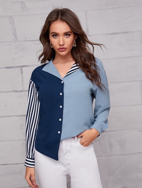 collared striped colorblock blouse q7dq#, White 
collared striped colorblock blouse q7dq#, White