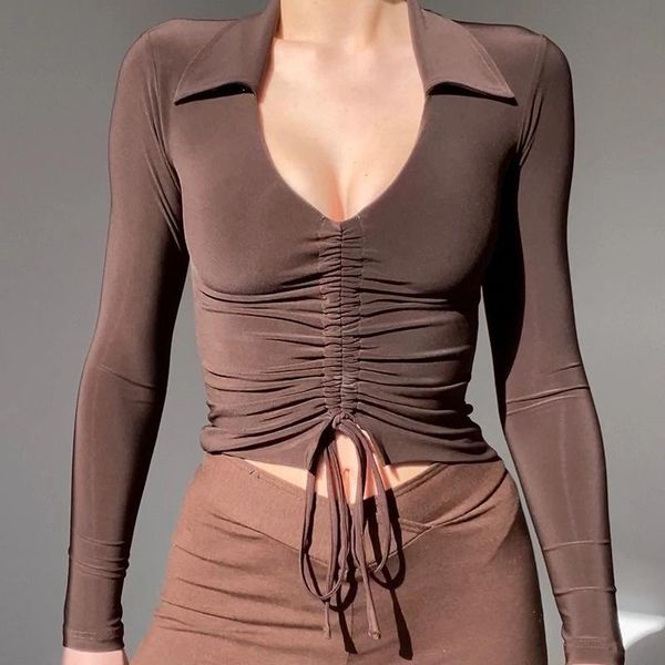 women's t-shirt autumn long sleeve t shirt brown drawstring ruched v neck slim crop tees female streetwear fashion white yuqung
women's t-shirt autumn long sleeve t shirt brown drawstring ruched v neck slim crop tees female streetwear fashion white yuqung