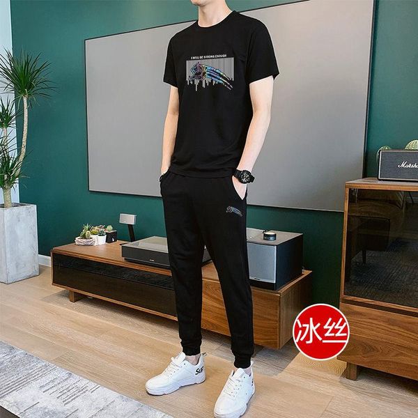 men's tracksuits casual suit 2021 summer sports and leisure youth ice silk short-sleeved elastic band printed trousers, Gray
men's tracksuits casual suit 2021 summer sports and leisure youth ice silk short-sleeved elastic band printed trousers, Gray