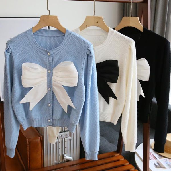 ladies jersey three-dimensional bow with knitted or crocheted cardigan long sleeve fine women's sweater, White;black
ladies jersey three-dimensional bow with knitted or crocheted cardigan long sleeve fine women's sweater, White;black