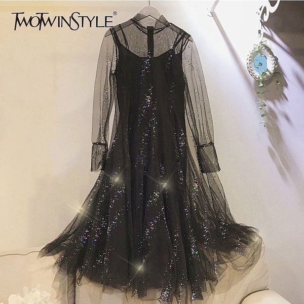 twotwinstyle white elegant dress women turtleneck long sleeve patchwork sequins loose mesh dresses female summer fashion 210517, Black;gray
twotwinstyle white elegant dress women turtleneck long sleeve patchwork sequins loose mesh dresses female summer fashion 210517, Black;gray