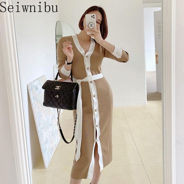 casual dresses 2021 fall winter color matching knitted dress elegant women v neck single breasted lace up sheath bodycon midi, Black;gray
casual dresses 2021 fall winter color matching knitted dress elegant women v neck single breasted lace up sheath bodycon midi, Black;gray