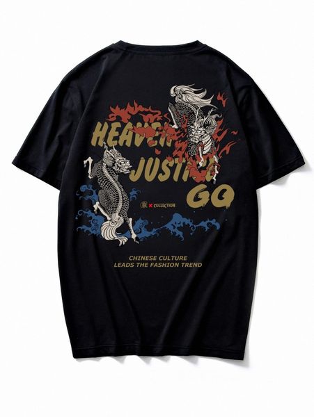 men chinese dragon & slogan graphic tee 11fq#, White;black 
men chinese dragon & slogan graphic tee 11fq#, White;black