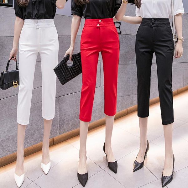 women's pants & capris 2021 summer style high-waisted cropped trousers with micro slits and short black elastic, Black;white
women's pants & capris 2021 summer style high-waisted cropped trousers with micro slits and short black elastic, Black;white