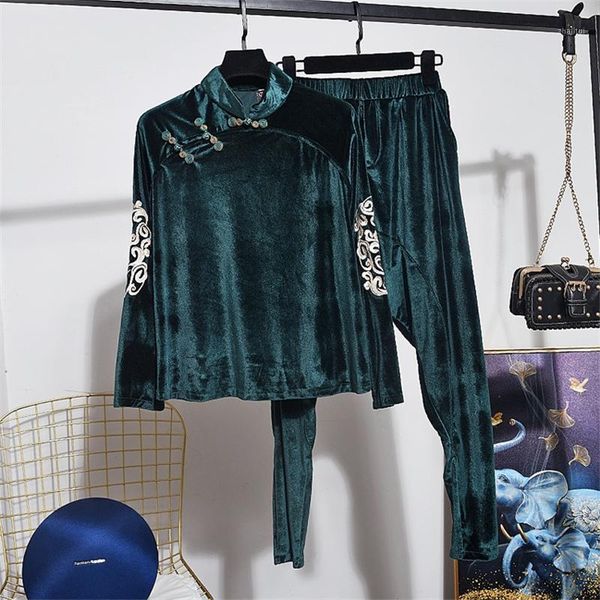two piece dress fashion gold velvet women set autumn winter vintage embroidery long sleeve pullover + harun little pants, White
two piece dress fashion gold velvet women set autumn winter vintage embroidery long sleeve pullover + harun little pants, White