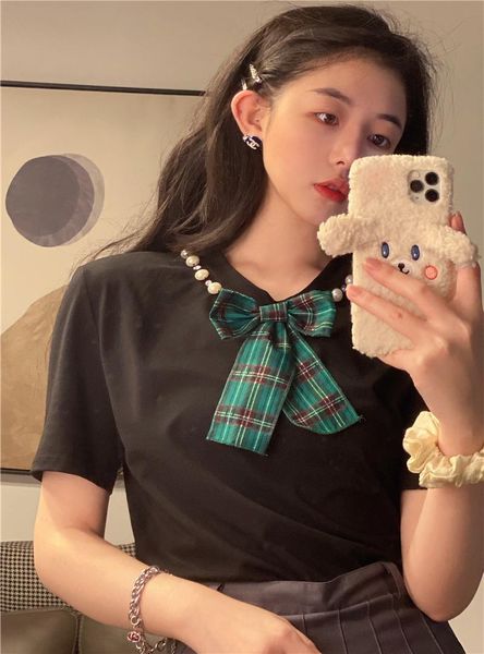summer rhinestone neck bow tie temperament round short-sleeved t-shirt women's, White
summer rhinestone neck bow tie temperament round short-sleeved t-shirt women's, White