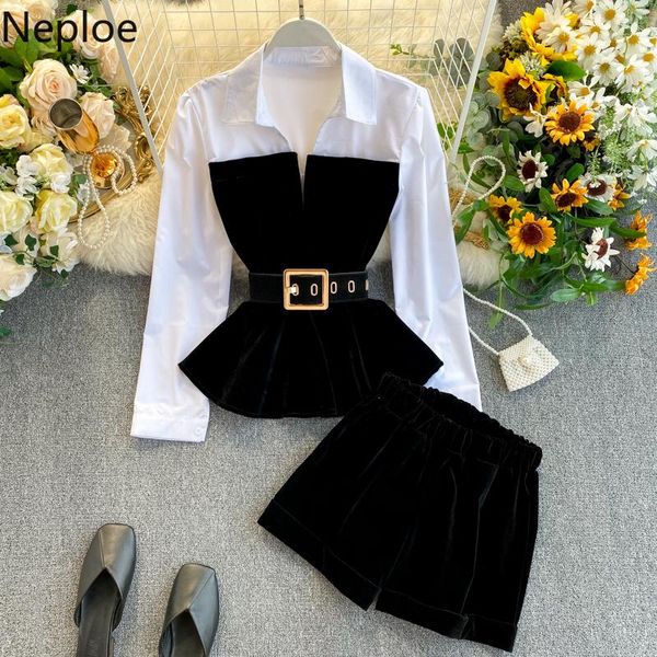 two piece dress neploe women ol sets long sleeve blouse patchwork belt + stretch high waist short fashion velour pieces suits 1a277, White
two piece dress neploe women ol sets long sleeve blouse patchwork belt + stretch high waist short fashion velour pieces suits 1a277, White