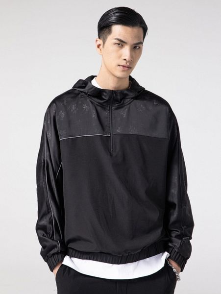 men jacquard yoke half zip hoodie c0q6#, Black