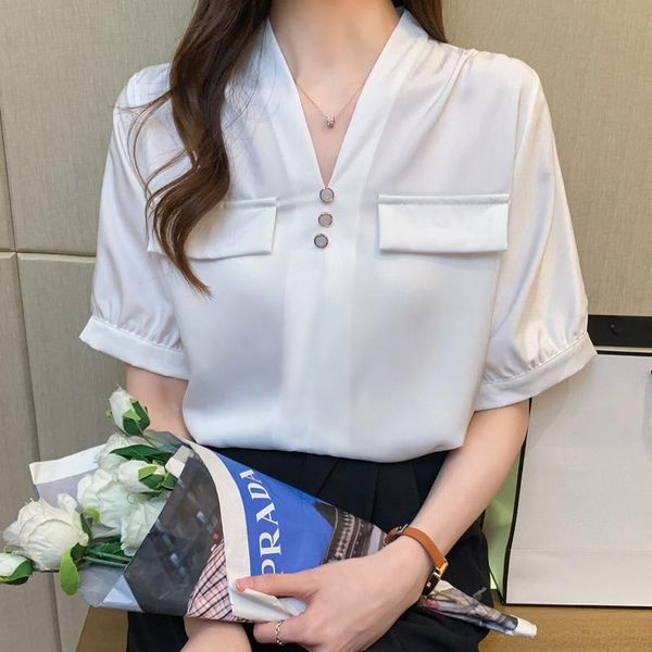 women's blouses & shirts 2021 high-end v-neck foreign fashion shirt female design short sleeve solid color temperament, White
women's blouses & shirts 2021 high-end v-neck foreign fashion shirt female design short sleeve solid color temperament, White