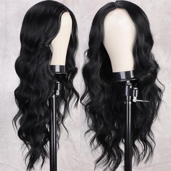 synthetic wigs natural long wavy hair u lace heat resistant glueless curly wave middle part for black women 24inch