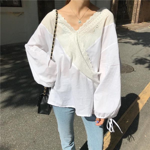 women's blouses & shirts and loose clothing v-neck hollow out patchwork lantern sleeve office lady fall style blusas mujer de moda, White
women's blouses & shirts and loose clothing v-neck hollow out patchwork lantern sleeve office lady fall style blusas mujer de moda, White