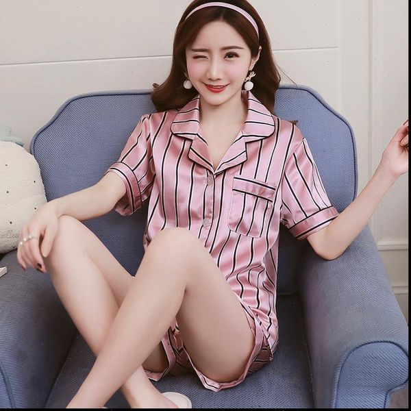 stripe floral print short sleeve women sleepwear and shorts pyjamas satin silk pajama sets cute cartoon womens homewear, Black;red 
stripe floral print short sleeve women sleepwear and shorts pyjamas satin silk pajama sets cute cartoon womens homewear, Black;red