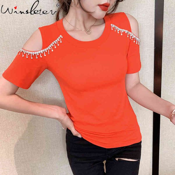 women's t-shirt summer european clothes cotton fashion off shoulder shiny diamonds tassels women short sleeve tees t1401, White
women's t-shirt summer european clothes cotton fashion off shoulder shiny diamonds tassels women short sleeve tees t1401, White