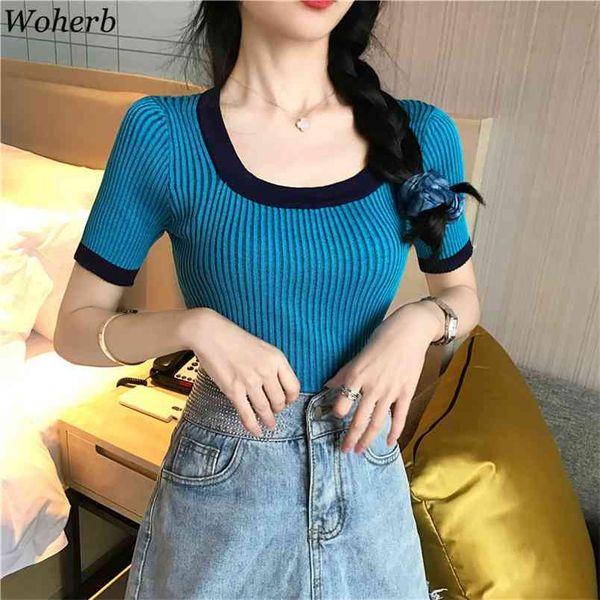 women t-shirts summer thin knitting crop short sleeve stretchy striped contrast korean for 210519, White
women t-shirts summer thin knitting crop short sleeve stretchy striped contrast korean for 210519, White