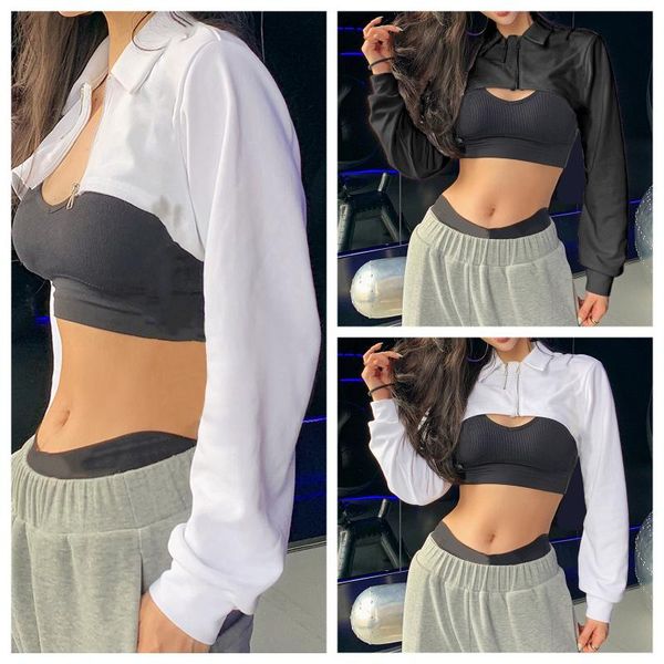 women's t-shirt women navel long sleeves with zipper decoration style elastic cuffs spring clothing, White
women's t-shirt women navel long sleeves with zipper decoration style elastic cuffs spring clothing, White