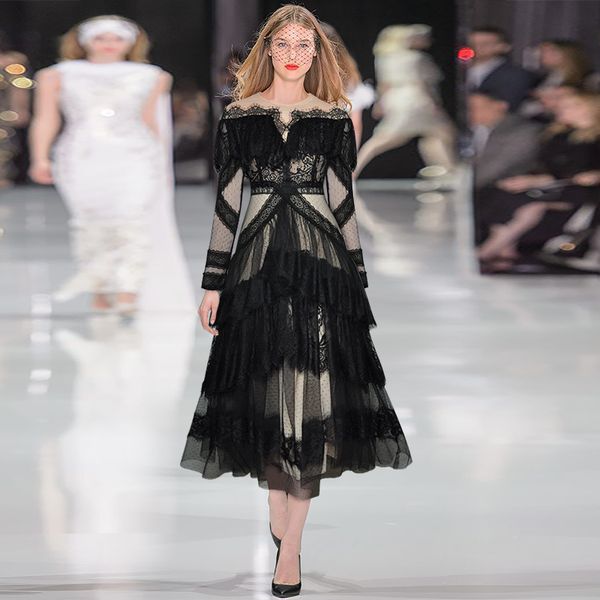 round neck long sleeve mesh see-through lace patchwork ruffled waist-controlled large hem long dress dress 2021 early autumn, Black;gray
round neck long sleeve mesh see-through lace patchwork ruffled waist-controlled large hem long dress dress 2021 early autumn, Black;gray