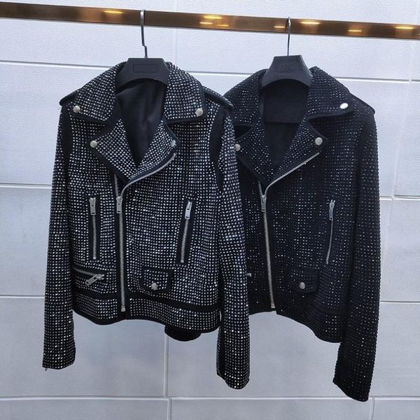 women's leather & faux diamonds designer motorcycle jacket women slim fit sheepskin coat fashion autumn punk long sleeve outerwear shin, Black
women's leather & faux diamonds designer motorcycle jacket women slim fit sheepskin coat fashion autumn punk long sleeve outerwear shin, Black