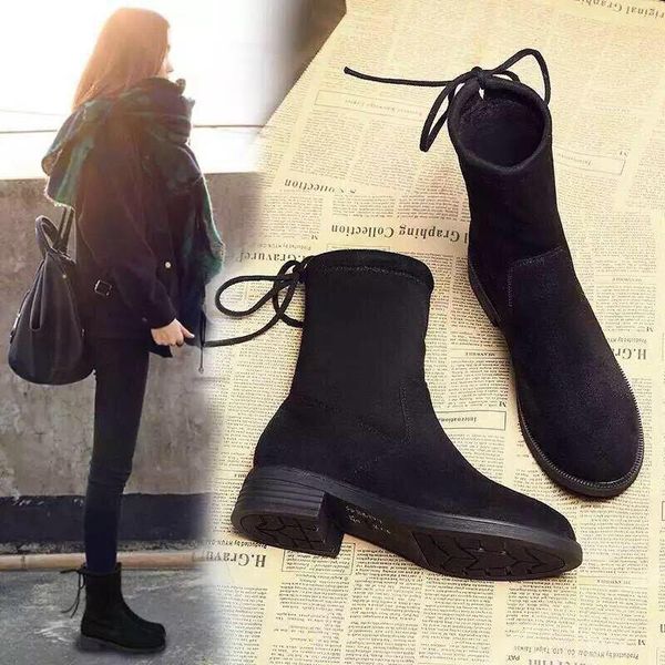 winter korean version of thick heel flat short sleeve elastic boots women british style single shoes plus cashmere, Black 
winter korean version of thick heel flat short sleeve elastic boots women british style single shoes plus cashmere, Black