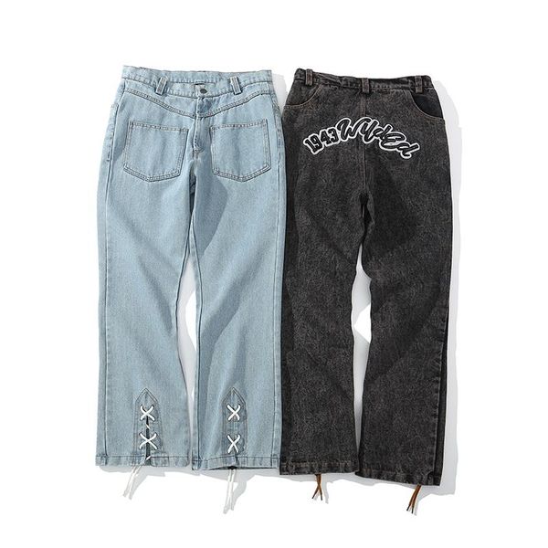 men's jeans harajuku ankle lace up letter embroidery washed retro straight baggy oversize denim trousers hip hop casual pants, Blue
men's jeans harajuku ankle lace up letter embroidery washed retro straight baggy oversize denim trousers hip hop casual pants, Blue
