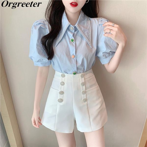women's tracksuits exquisite sweet doll collar beaded puff sleeve color buttons shirt two piece set women diamond double-breasted short, Gray
women's tracksuits exquisite sweet doll collar beaded puff sleeve color buttons shirt two piece set women diamond double-breasted short, Gray
