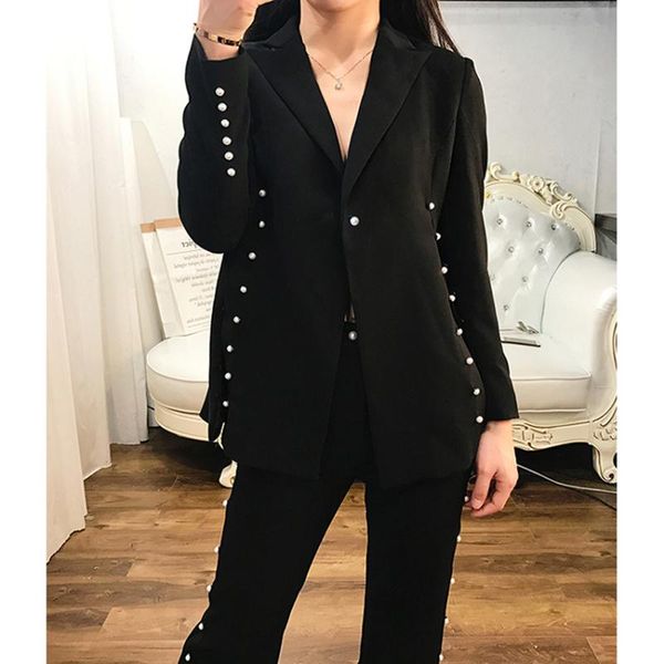 women's suits & blazers fashion 2021 runway designer suit set side buttons slit blazer flare pants, White;black
women's suits & blazers fashion 2021 runway designer suit set side buttons slit blazer flare pants, White;black