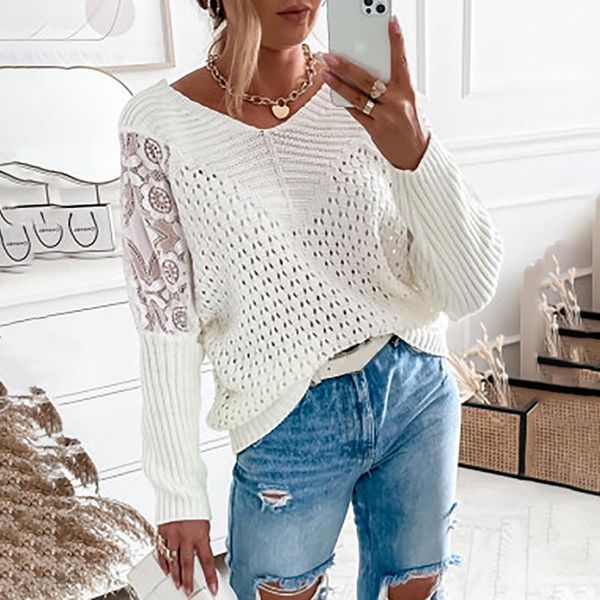 women's sweaters 2021 v neck hollow out lace patch long sleeve pullover sweater women blouse autumn fashion white ladies casual shirts, White;black
women's sweaters 2021 v neck hollow out lace patch long sleeve pullover sweater women blouse autumn fashion white ladies casual shirts, White;black