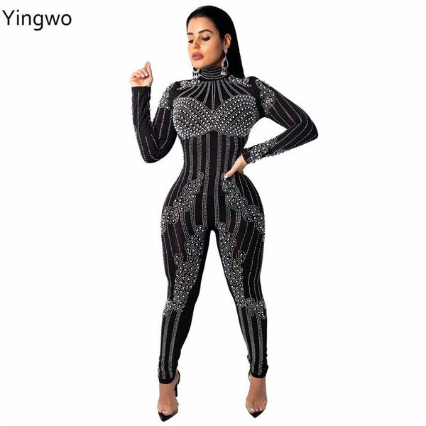 

women's jumpsuits & rompers beading rhinestones details black mesh see through high neck long sleeve full-length skinny for night out c, Black;white