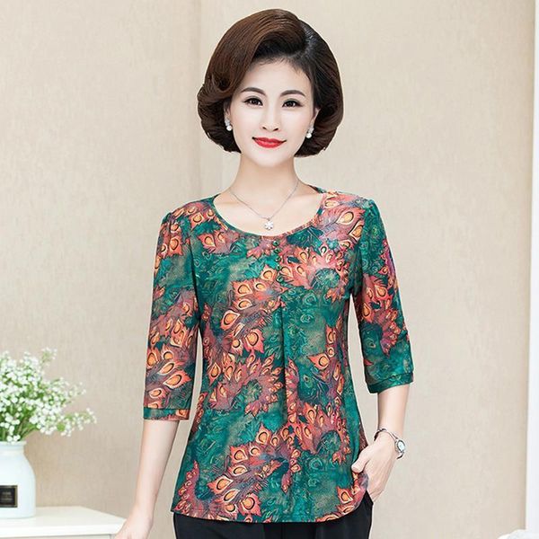 middle aged and women shirt plus size o neck vintage summer three quarter sleeve print mother, White 
middle aged and women shirt plus size o neck vintage summer three quarter sleeve print mother, White