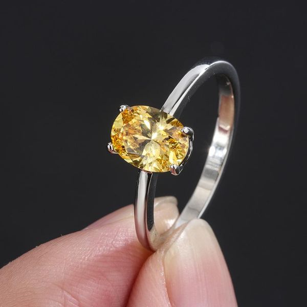 cluster rings fashion 925 solid sterling silver 6 * 8 mm oval citrine gemstone birthstone wedding engagement ring fine jewelry wholesale, Golden;silver