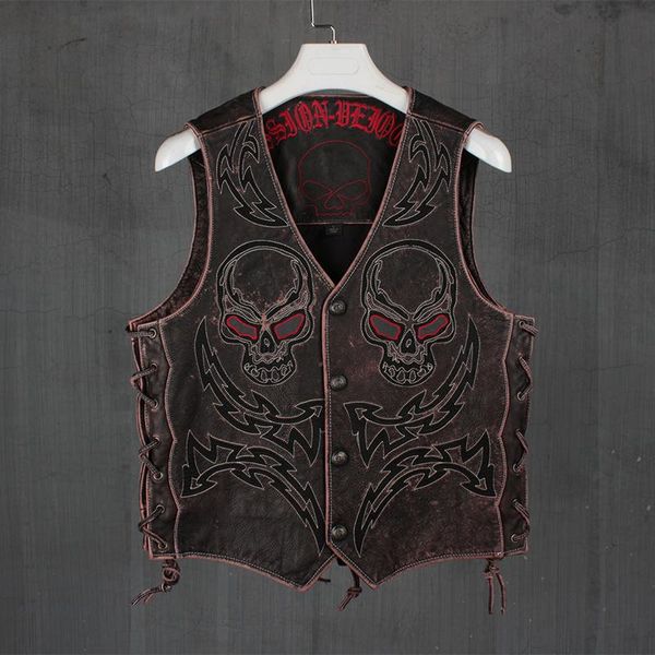 men's vests 2021 vintage brown motorcycle style skulls embroidery leather vest men plus size 5xl genuine natural cowhide summer short c, Black;white
men's vests 2021 vintage brown motorcycle style skulls embroidery leather vest men plus size 5xl genuine natural cowhide summer short c, Black;white