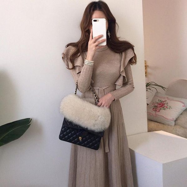 casual dresses o neck drawstring slim waist vestidos chic ruffles patchwork design knitted dress autumn elegant long sleeve pleated robe, Black;gray
casual dresses o neck drawstring slim waist vestidos chic ruffles patchwork design knitted dress autumn elegant long sleeve pleated robe, Black;gray