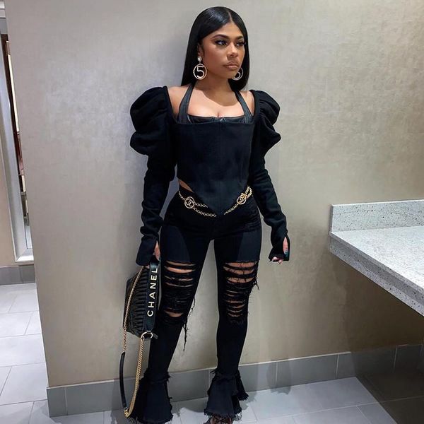 women shirt puff sleeve u-neck slim crop blouse black long autumn fashion streetwear stretchy lady elegant women's blouses & shirts, White
women shirt puff sleeve u-neck slim crop blouse black long autumn fashion streetwear stretchy lady elegant women's blouses & shirts, White